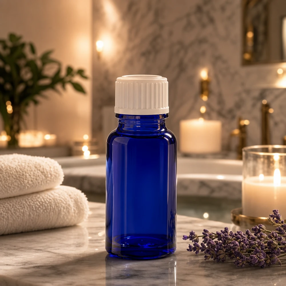 Apothekenflasche blau 10ml Schraubverschluss weiß Globuli Standard Professionelle blaue 10ml Pharmaglasflasche mit weißem Verschluss in Wellnessumgebung