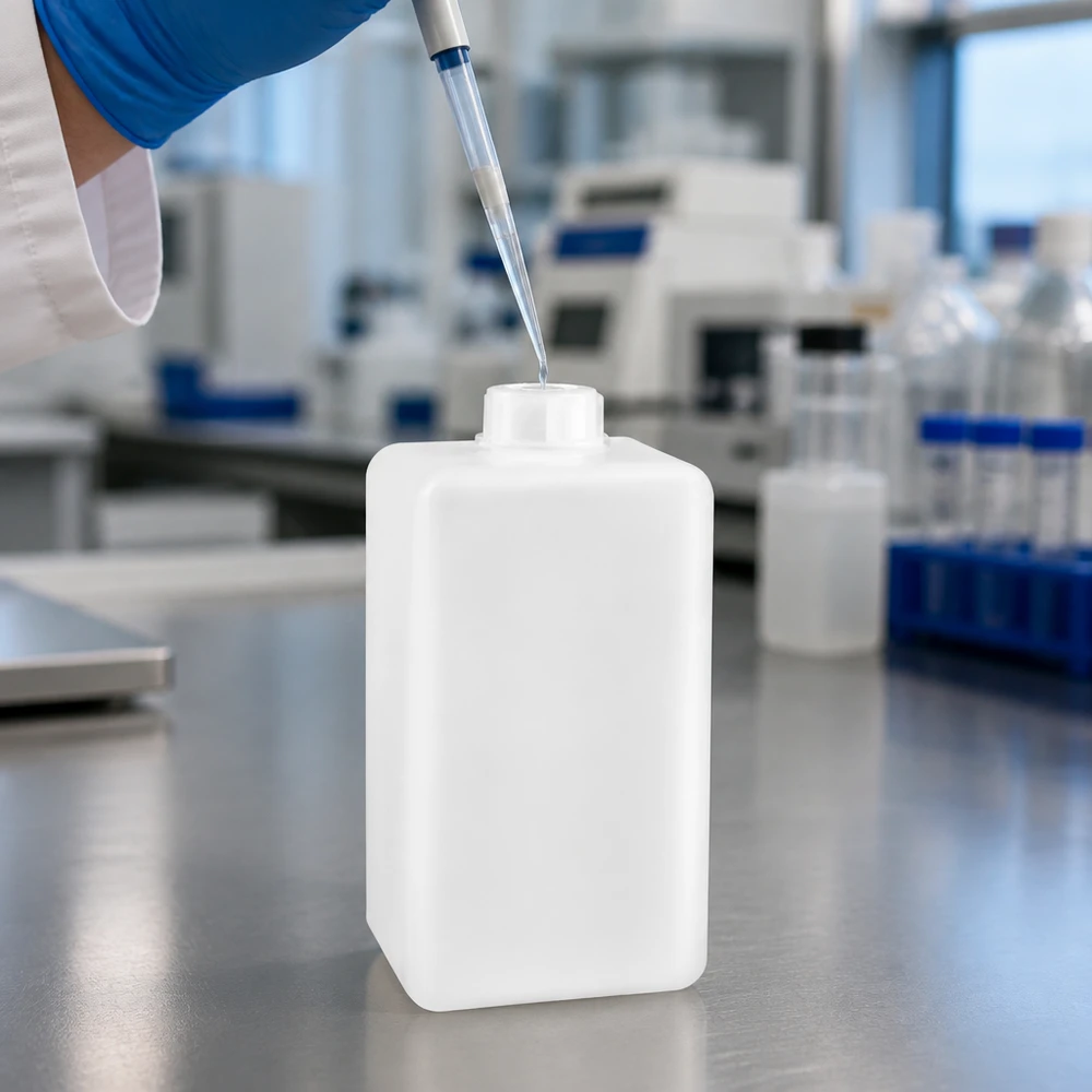 Flacon de produits chimiques de 1 500 ml en PE-HD à col étroit posé sur une paillasse en acier inoxydable dans un environnement de laboratoire professionnel