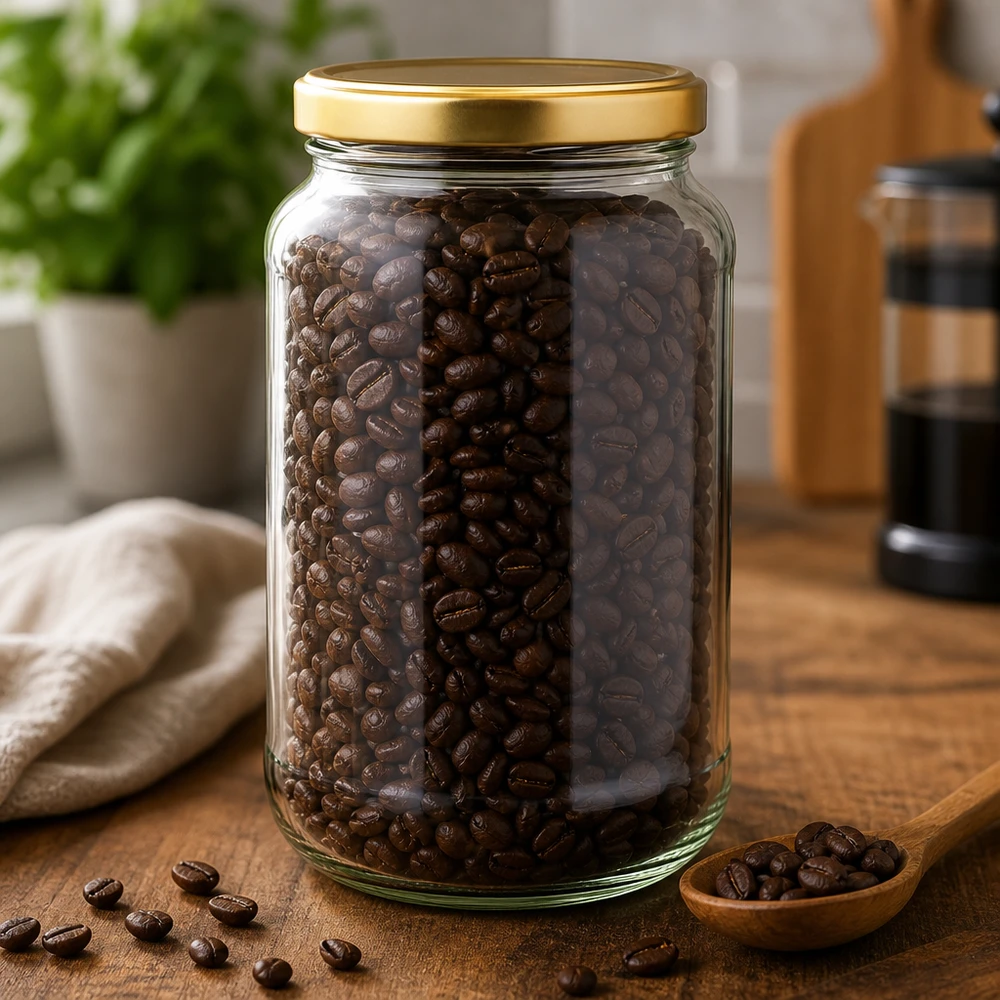 Barattolo rotondo da 1700 ml con coperchio BasicSeal dorato riempito di chicchi di caffè su tavola di legno in cucina mostra il magazzino