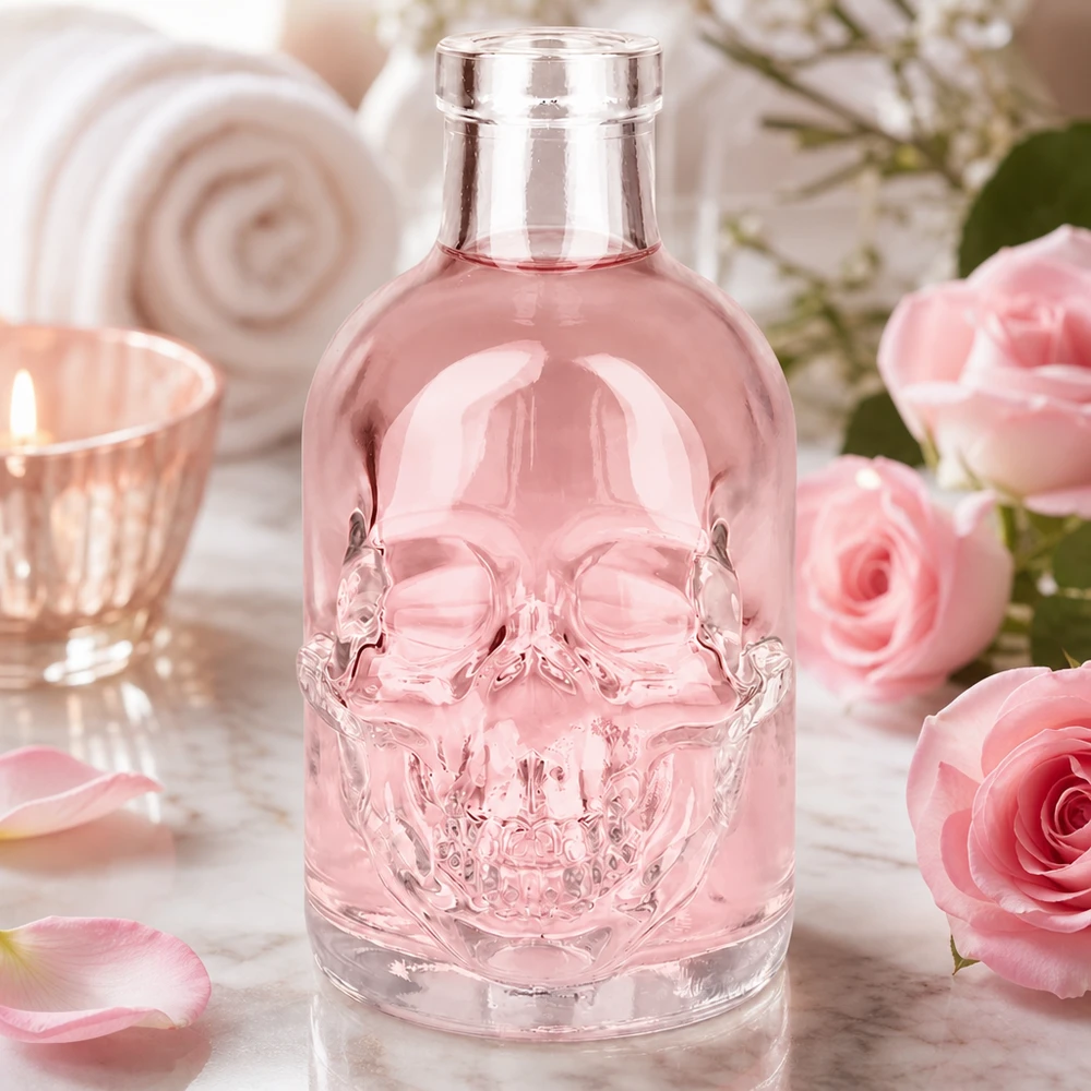 200ml Glasflasche "Jack" ohne Verschluss UNiTWIST 200ml Glasflasche Jack rosa Totenkopf Design Wellness Spa Ambiente mit Rosen und Kerze dekorativ inszeniert