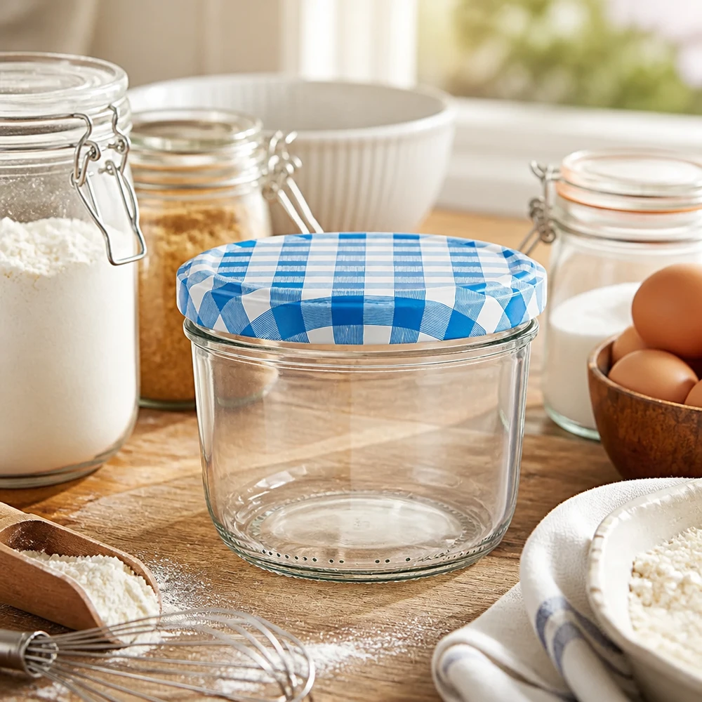 Vasetto da 230 ml con coperchio BasicSeal a scacchi blu e bianchi su un tavolo di legno tra gli ingredienti da forno e le uova.