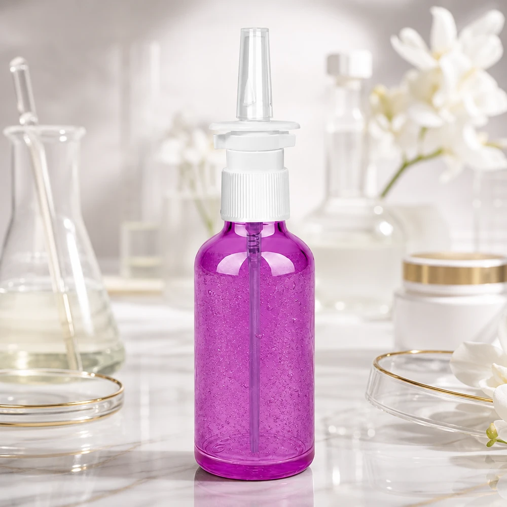 Flacone spray nasale da 50 ml bianco/trasparente standard PurpleLine. UT18/50 Contenitore per spray nasale da 50 ml dall'elegante design viola con meccanismo di nebulizzazione preciso
