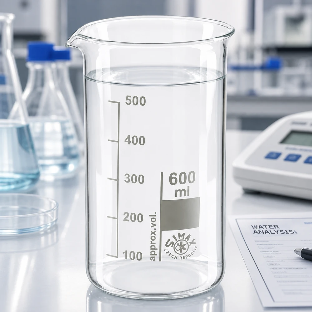 Bicchiere da 600 ml in vetro borosilicato, forma alta Bicchiere Simax da 600 ml, forma alta, in vetro borosilicato, con acqua limpida su un tavolo da laboratorio bianco