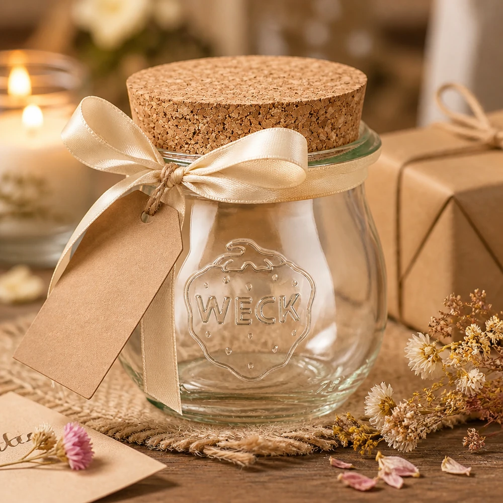 Vaso a tulipano da 75ml WECK RR40 con tappo in sughero naturale WECK barattolo tulipano 75ml decorato con fiocco e etichetta regalo come idea regalo con tappo in sughero naturale