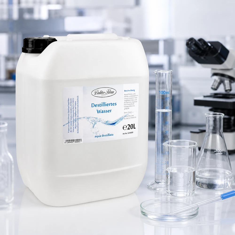 20 litri di acqua distillata Il dottor Klaus in un ambiente di laboratorio trasparente, con vetreria e microscopio.