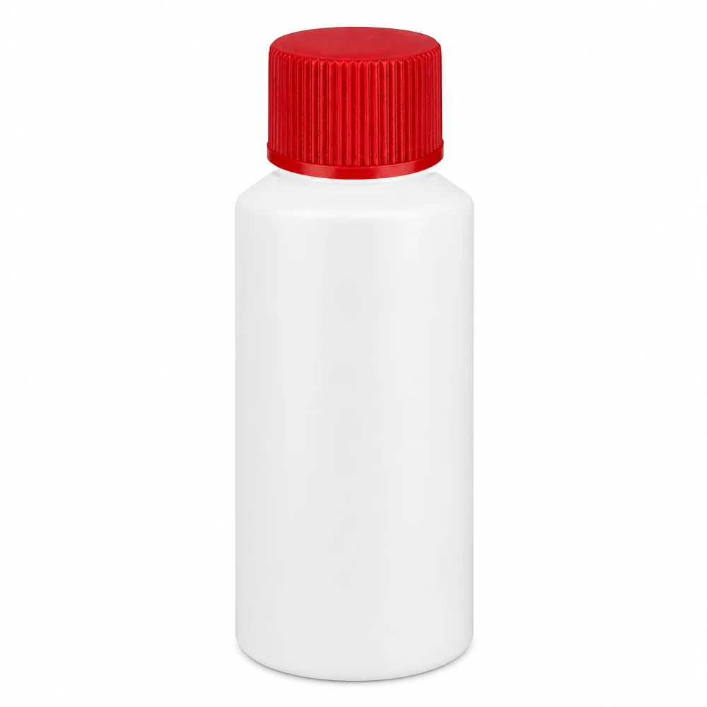 Kleine weiße Kunststoffflasche 30ml mit rotem Deckel für Apotheken