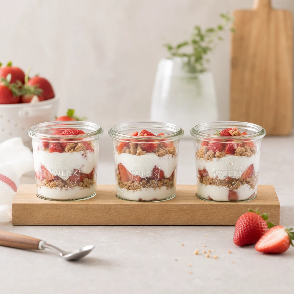Tagliere Plano3 con 3 vasetti Weck da 140 ml Vasetti WECK da 140 ml con dessert a strati di yogurt e fragole serviti pronti per la colazione su un tagliere di legno Plano3