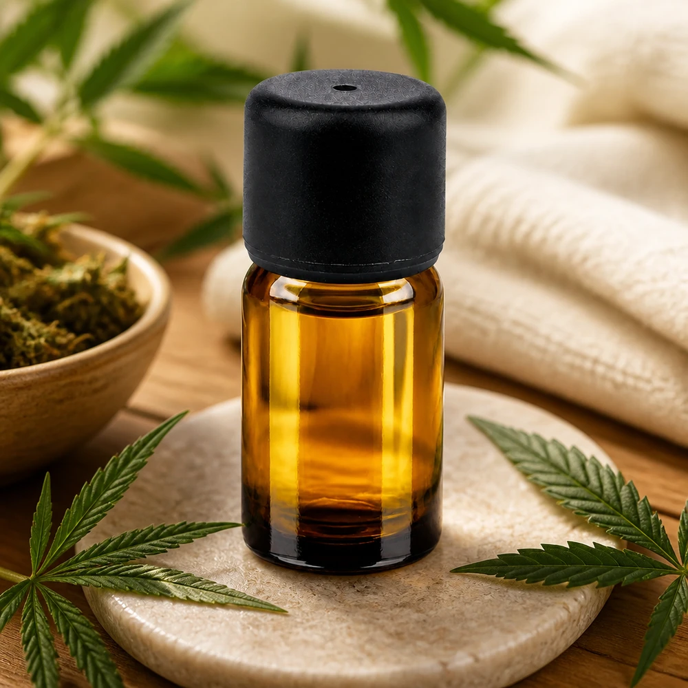 Piccola bottiglia di vetro marrone da 5 ml con tappo contagocce nero per oli ed essenze naturali