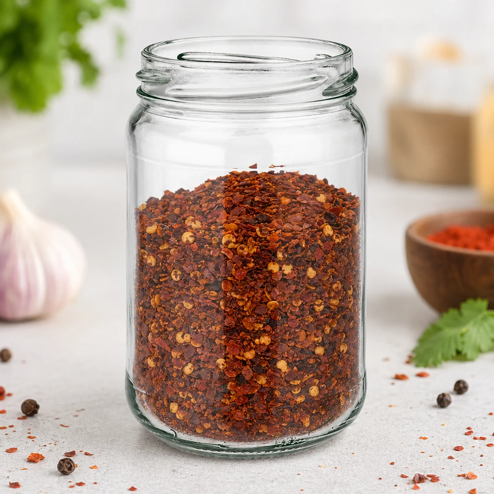 UNiTWIST Runda305 Rundglas 305ml TO63 mit Chilliflocken gefüllt auf Küchenarbeitsplatte mit Gewürzen