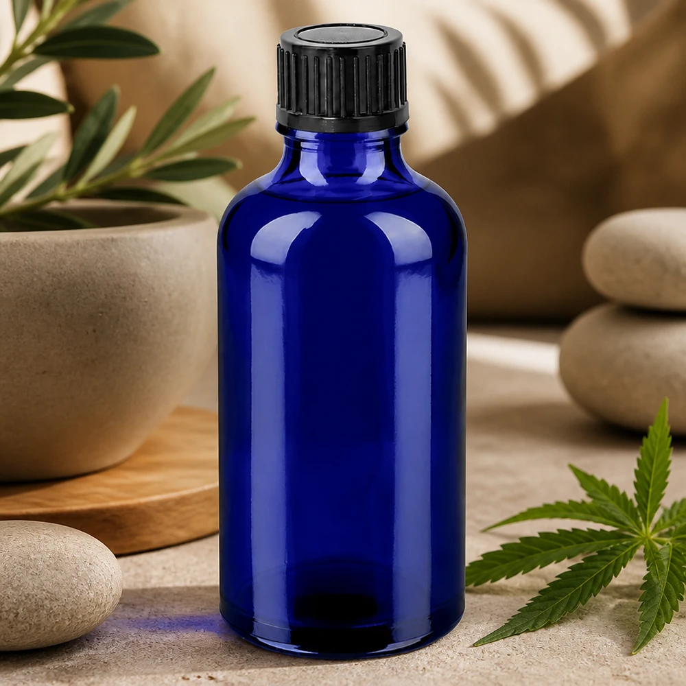 Bottiglia in vetro ecologico riutilizzabile da 50 ml con robusto tappo a vite nero