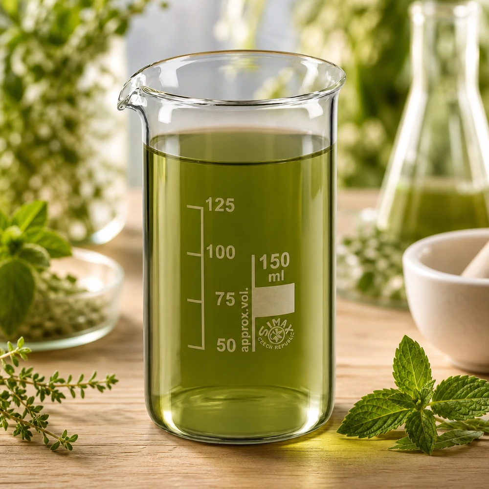 Bicchiere da laboratorio da 150 ml, di forma alta, contenente un liquido verde a base di erbe, circondato da erbe medicinali fresche