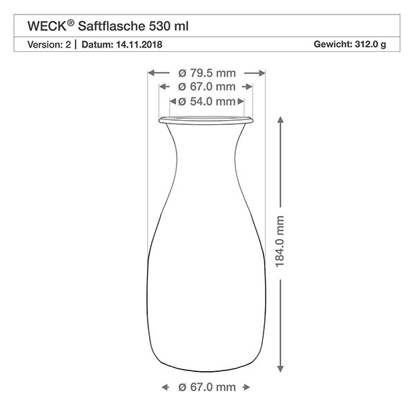 Set di 24 bicchieri Weck da 530 ml: bottiglia di succo di frutta. Disegno tecnico della bottiglia di succo WECK 530ml con dimensioni Diametro 67mm Altezza 184mm Peso 312g