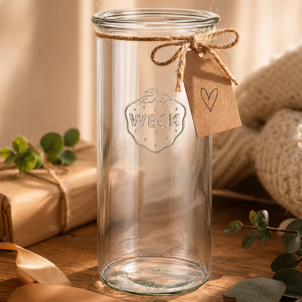 Barattolo di vetro WECK RR100 da 1500 ml Bicchieri WECK 1500ml RR100 con ciondolo a cuore e fiocco su un tavolo di legno decorato con piante verdi