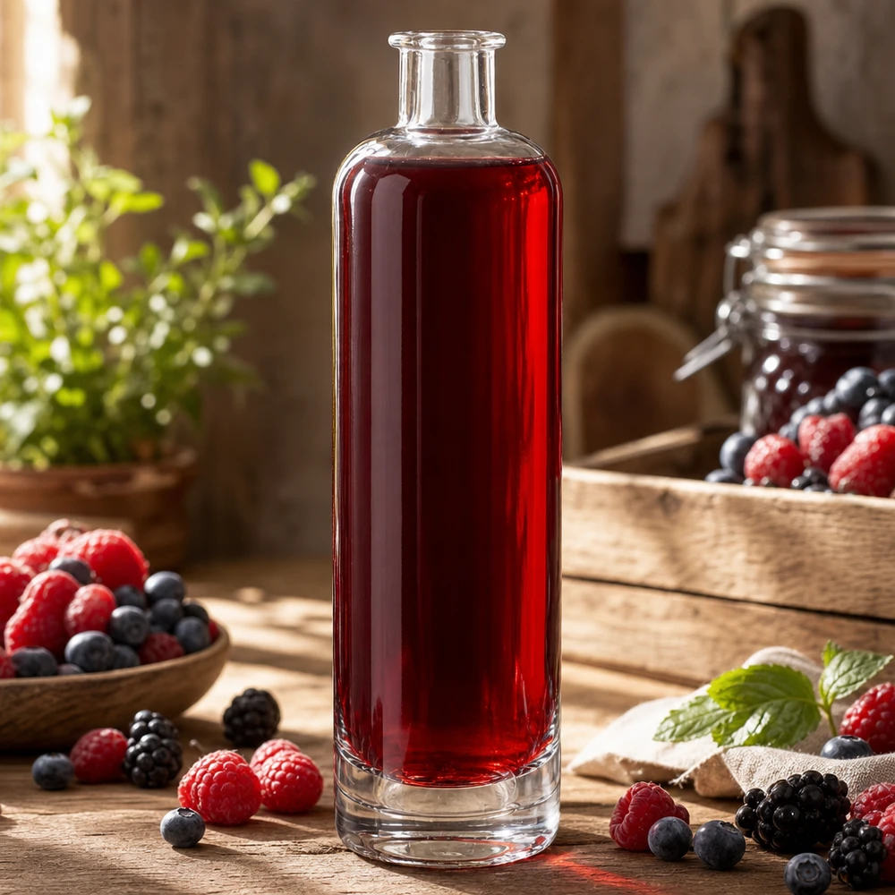 Bottiglia in vetro da 500 ml di Ella UNiTWIST riempita con succo di bacche rosse circondato da lamponi e mirtilli freschi.