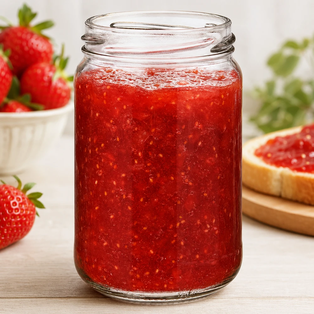 UNiTWIST Runda305 Rundglas 305ml TO63 mit roter Erdbeermarmelade gefüllt, Einmachglas für Konfitüre und Aufstriche