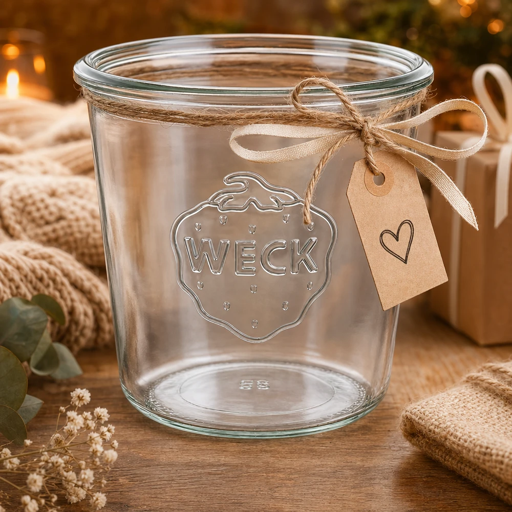 WECK Sturzglas 580ml RR100 aus Glas mit Reliefprägung und dekorativem Geschenkband auf Holztisch