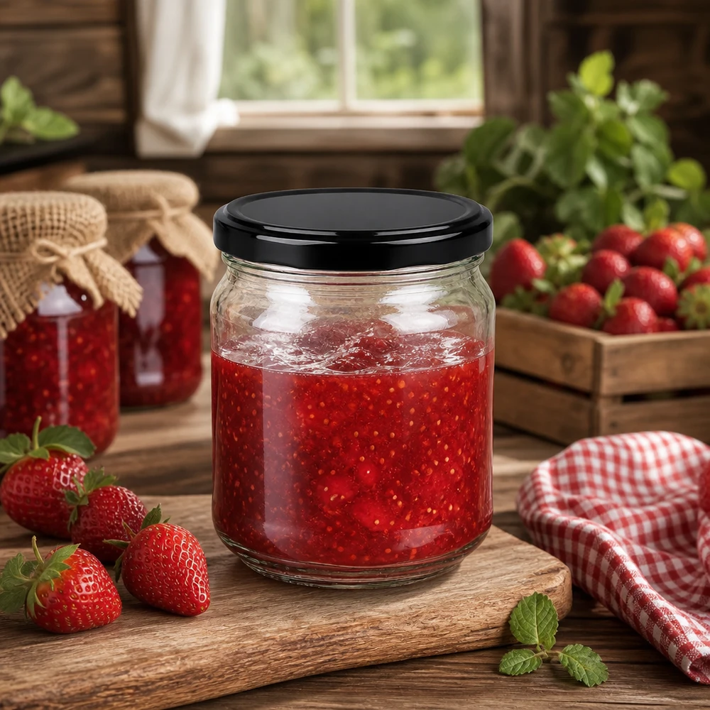 Barattolo rotondo da 212 ml con coperchio nero BasicSeal riempito di marmellata di fragole su una tavola di legno in un ambiente di cucina rustico