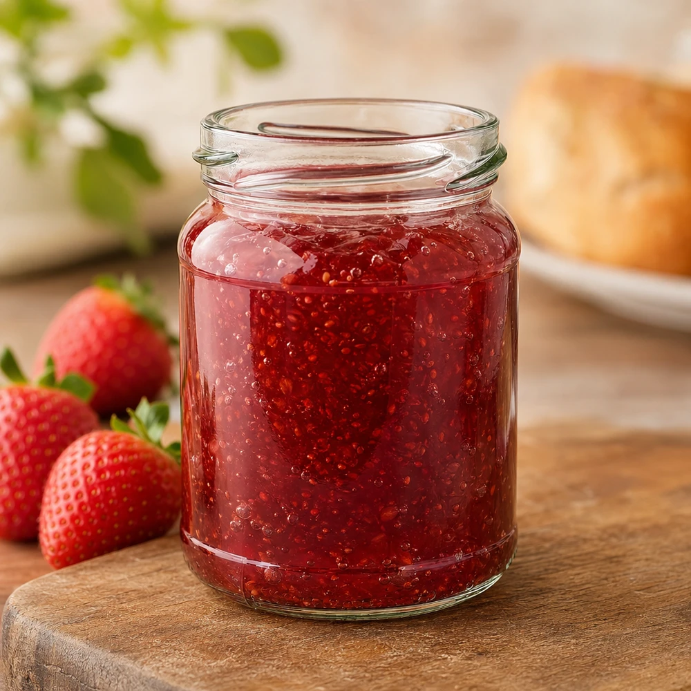 UNiTWIST Runda205 bicchiere rotondo 205ml TO58 riempito di marmellata di fragole rosse accanto a fragole fresche su una tavola di legno
