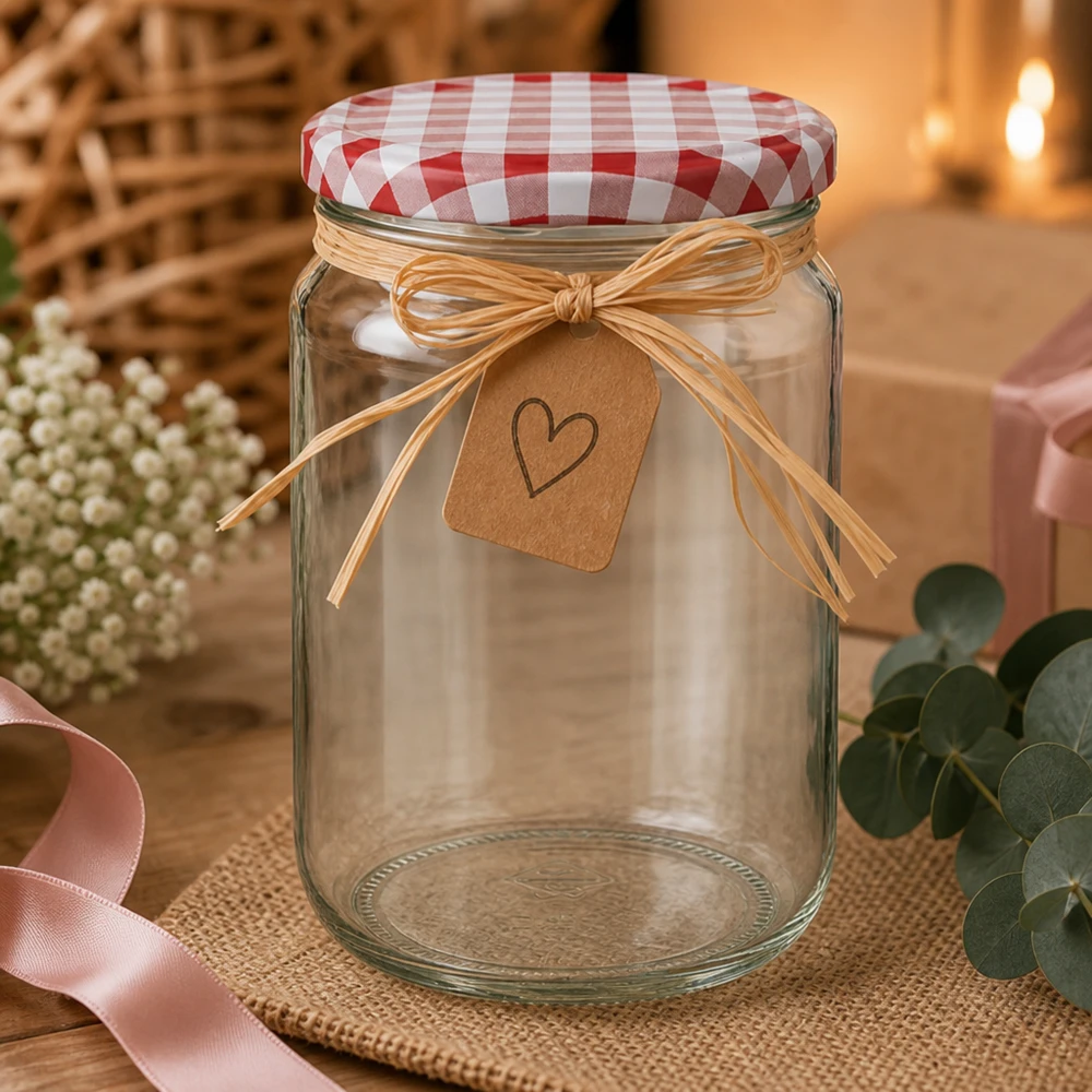 Barattolo rotondo da 795 ml con coperchio a scacchi rossi e bianchi e ciondolo a cuore come confezione regalo con decorazione romantica