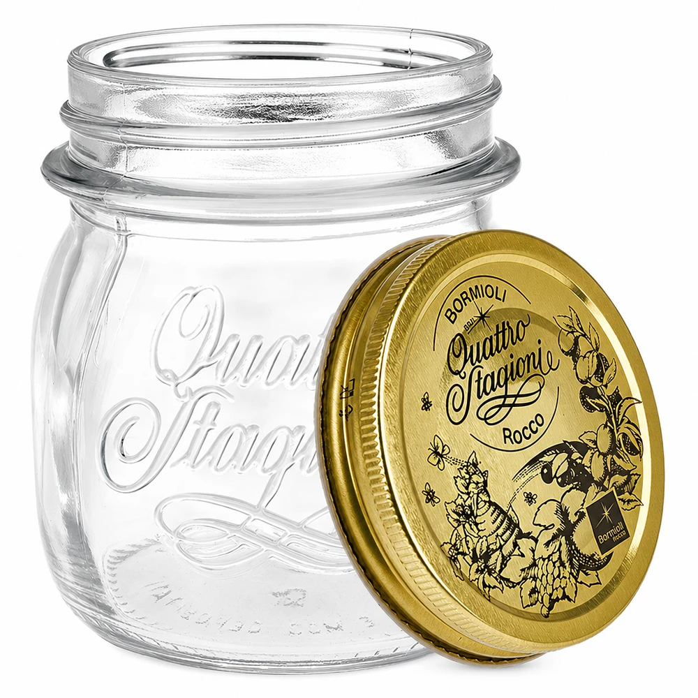 Barattolo rotondo "Quattro Stagioni" da 250 ml con coperchio Barattolo rotondo da 250 ml Quattro Stagioni con coperchio dorato barattolo per conserve barattolo per stoccaggio design italiano