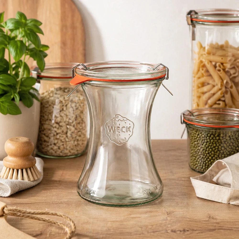 Barattolo da 370 ml della linea WECK RR80 WECK vaso da salumeria 370ml RR80 in cucina stoccaggio tra vasi da conserva riempiti con pasta lenticchie basilico pianta