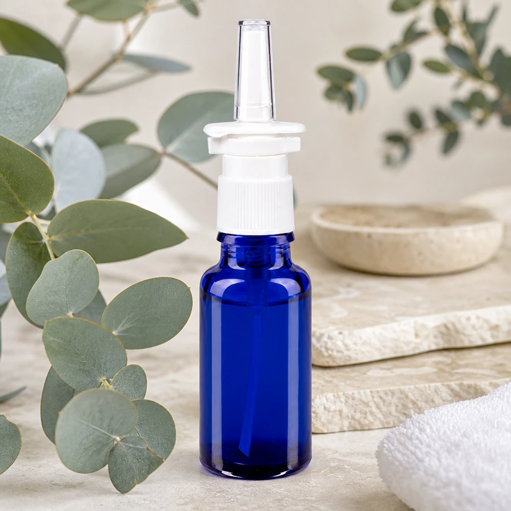 Apothekenflasche blau 20ml Nasenzerstäuber weiß Standard Blaue Apothekersprayflasche 20ml mit ergonomischem Nasenaufsatz auf rustikaler Steinunterlage