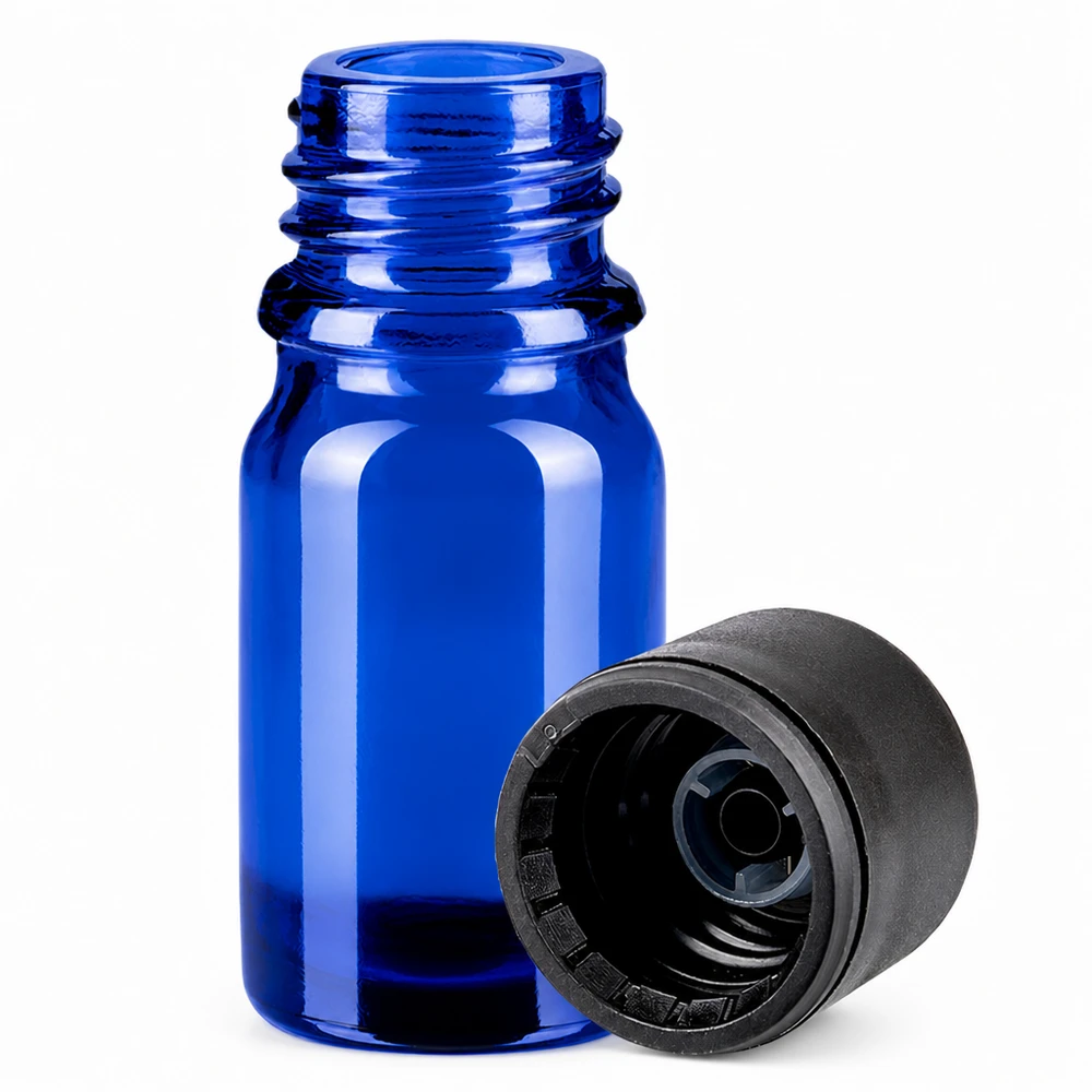 5ml Flasche 6mm Schraubverschluss schwarz Standard BlueLine UT18/5 Robuste 5ml Flasche aus UV-schützendem blauen Glas mit festem schwarzem Verschluss