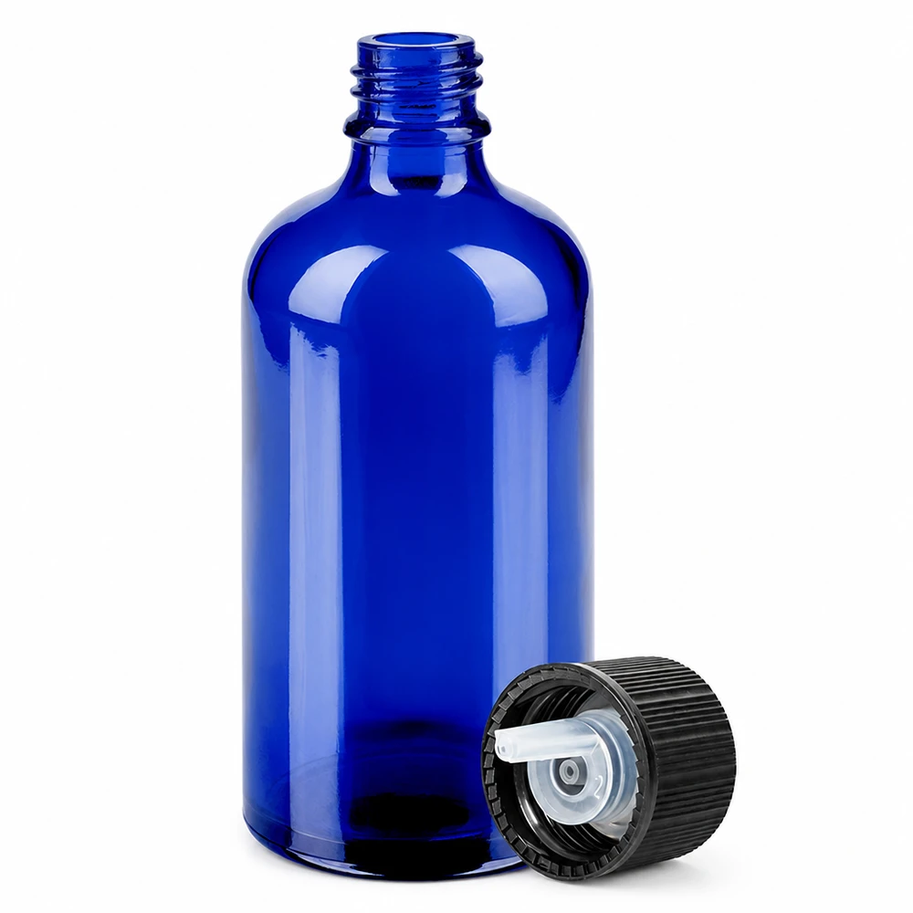100ml Tropfflasche 1mm schwarz Standardverschluss BlueLine UT18/100 Professionelle 100ml Tropfflasche in Blau mit schwarzem Verschluss für exakte Tropfenabgabe