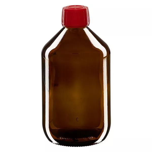 500ml Medizinflasche braun, Verschluss rot mit Originalitätsring ApoGlas