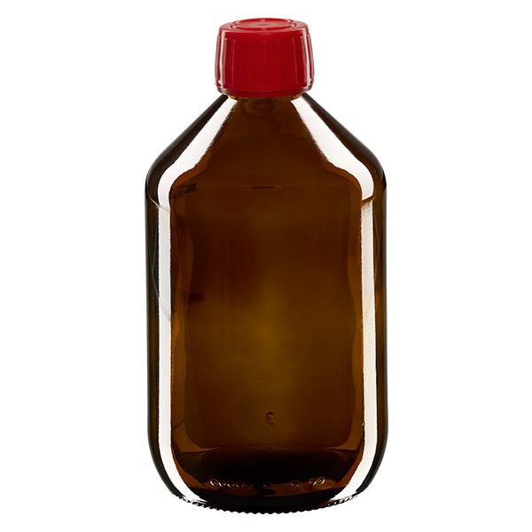 Flacone per medicinali da 500 ml marrone, tappo rosso con chiusura antimanomissione Flacone per medicinali da 500 ml marrone, tappo rosso con chiusura antimanomissione
