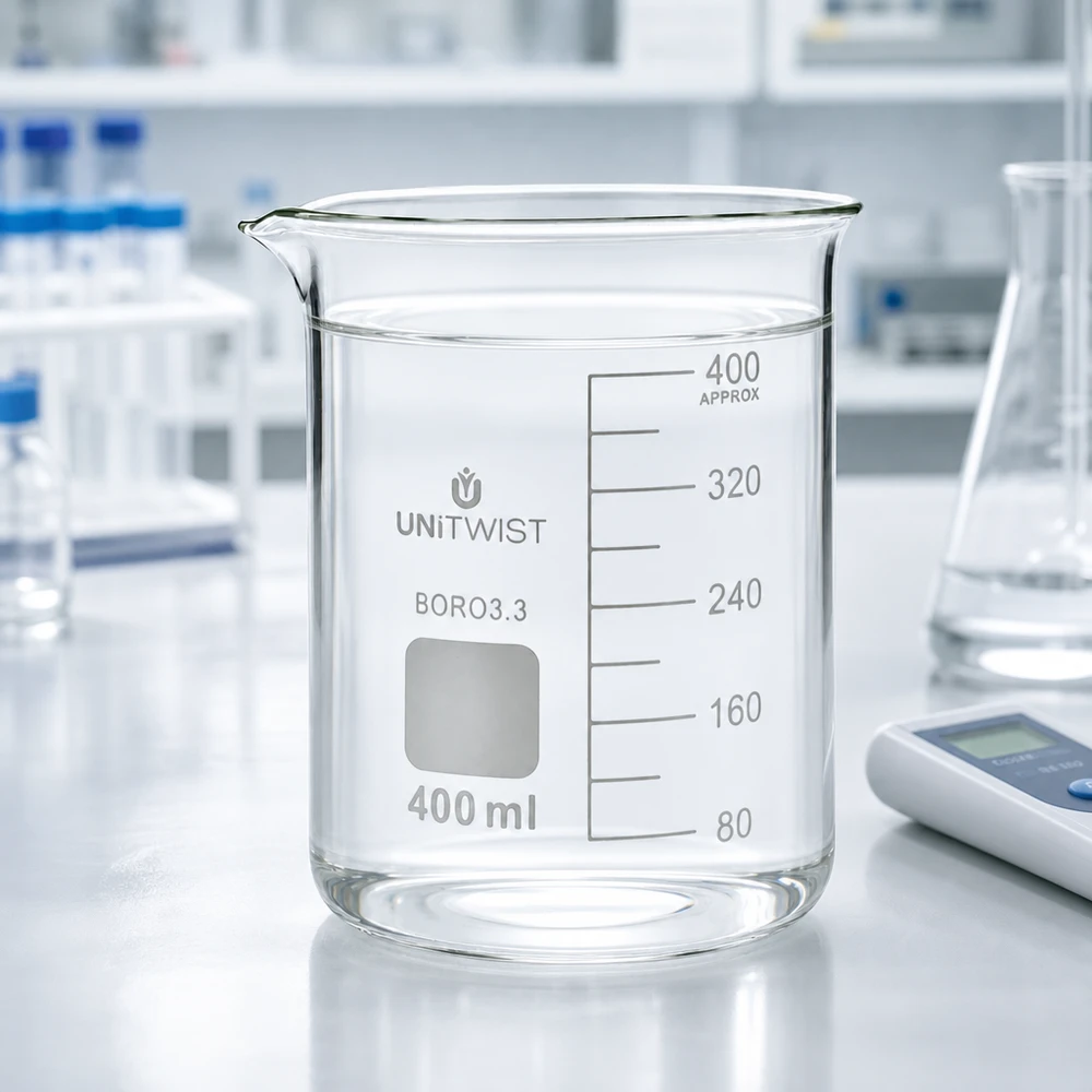 Bicchiere 400ml borosilicato, stampo basso UNiTWIST Bicchiere da laboratorio UNiTWIST da 400 ml in borosilicato 3.3 con beccuccio e superficie bianca per l'etichettatura