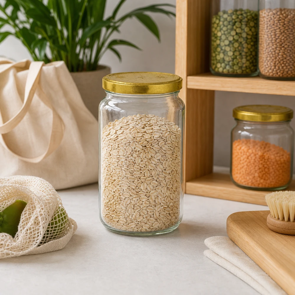 795ml Rundglas + BasicSeal Deckel Bienenwabe UNiTWIST 795ml Rundglas mit Haferflocken gefüllt in nachhaltiger Zero-Waste Küche mit Holzregal und Vorratsdosen