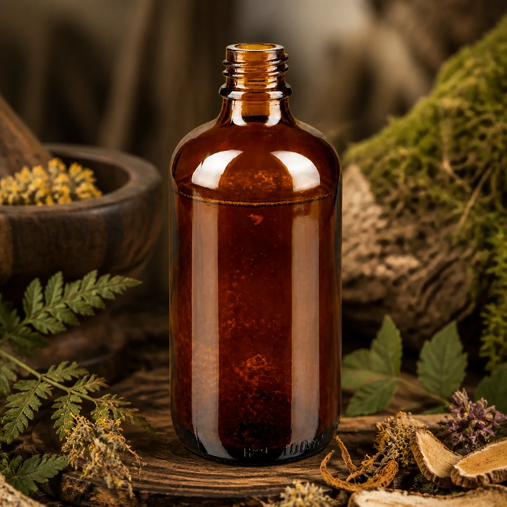 Flacon à pharmacie marron 100ml ApoGlas Bouteille de pharmacie brune de 100 ml ApoGlas avec fougère, champignons et herbes dans un environnement naturel de pharmacie forestière