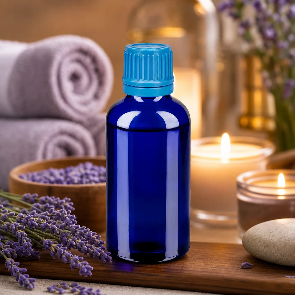 50ml Flasche 11mm Schraubverschluss blau Originalitätsverschluss BlueLine UT18/50 50ml Apothekerflasche in elegantem Blau mit zertifiziertem Sicherheitsverschluss DIN 18