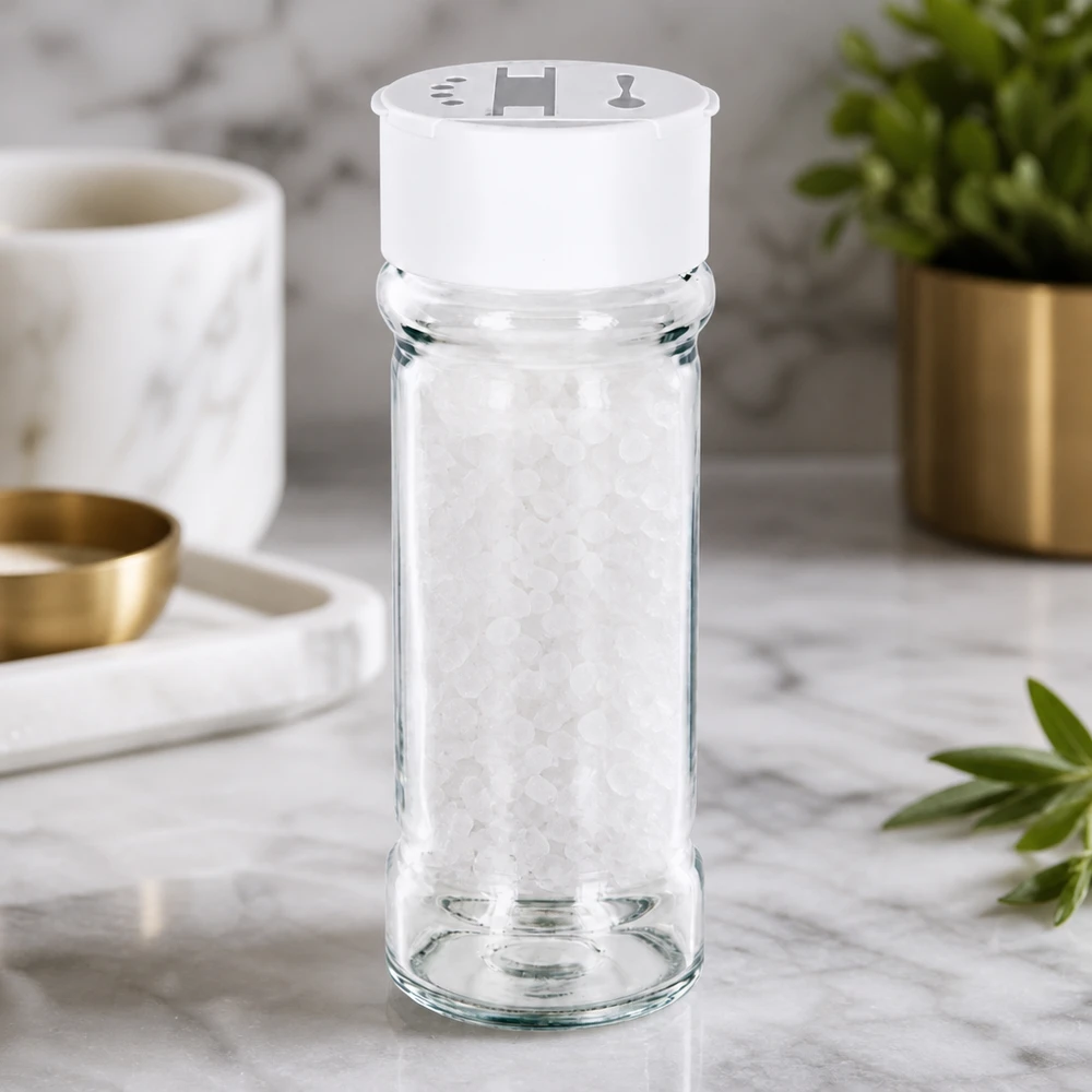 Pot à sel/épices 100 ml avec double saupoudreuse, blanc Zylindrisches Vorratsglas 100ml mit weißem Doppelstreuer befüllt mit weißen Salzkörnern