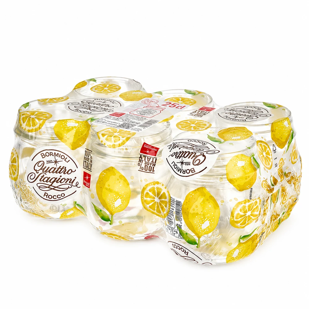Barattolo rotondo "Quattro Stagioni" da 250 ml con coperchio Vaso rotondo Quattro Stagioni da 250 ml con motivo di limoni e coperchio Vaso da conserva Bormioli Rocco confezione da 6 pezzi