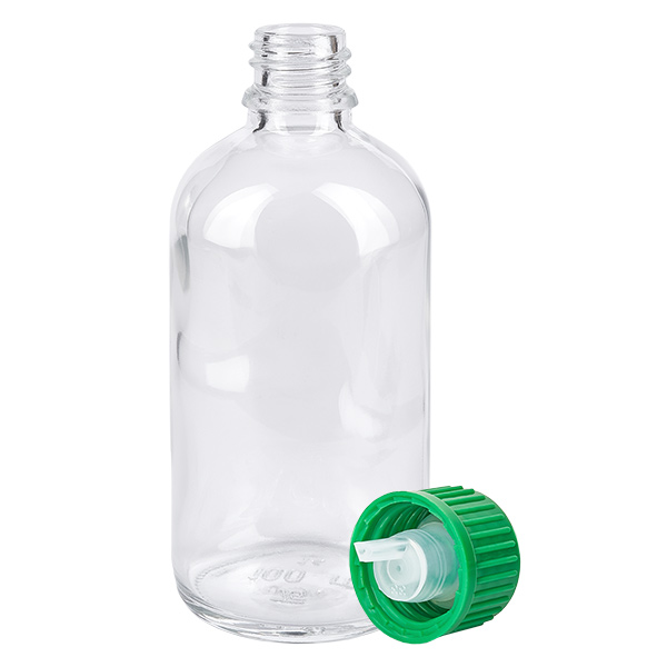 Flacone contagocce da 100 ml 0,8 mm verde STD ClearLine UT18/100 Flacone contagocce ClearLine da 100 ml in vetro trasparente con tappo di sicurezza per bambini verde e inserto contagocce da 0,8 mm