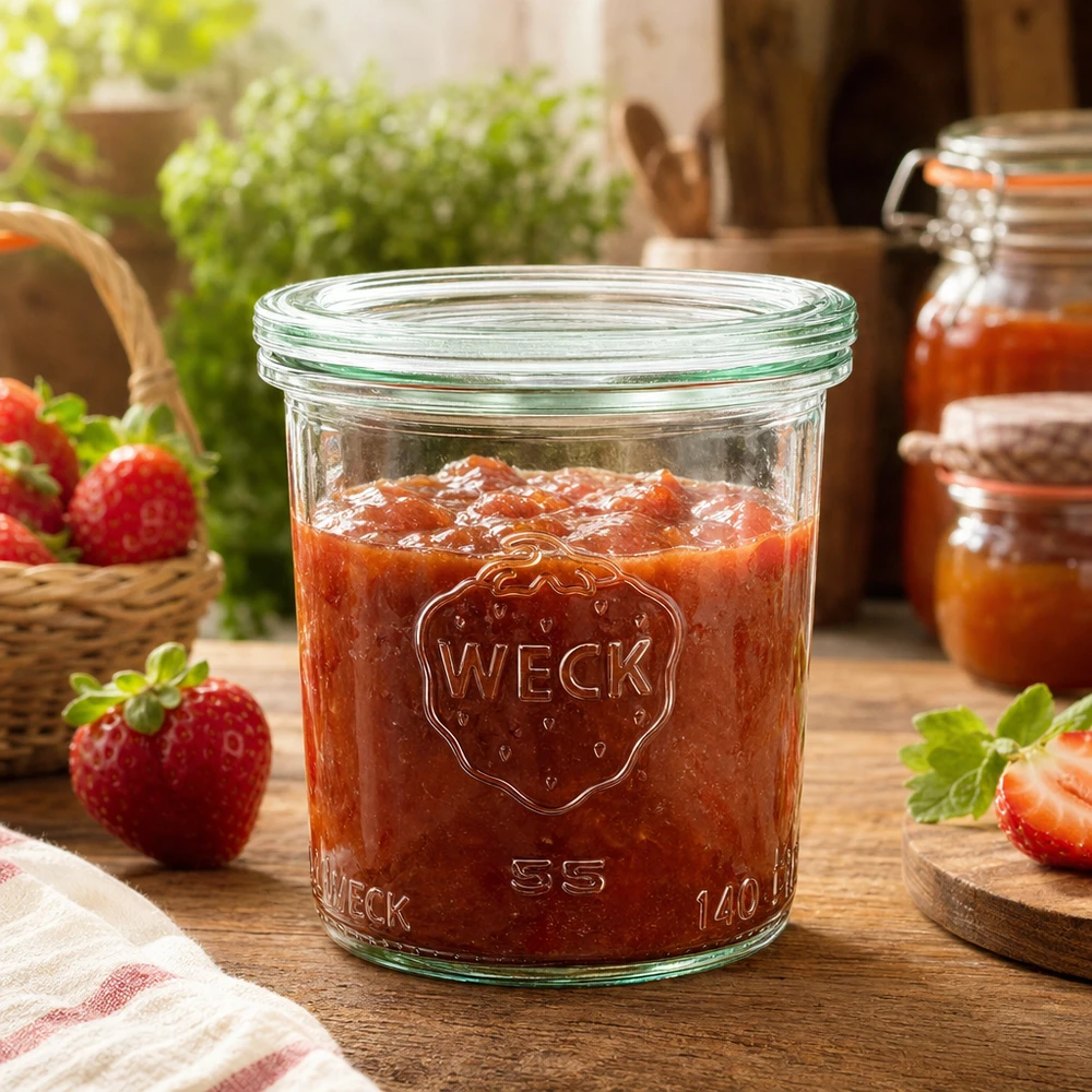 WECK Einmachglas 140ml RR60 gefüllt mit Erdbeermarmelade auf Holztisch mit frischen Erdbeeren Dekoration