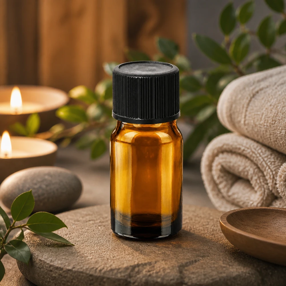 Piccolo flacone in vetro ambrato da 5 ml con tappo nero ideale per l'aromaterapia e il benessere