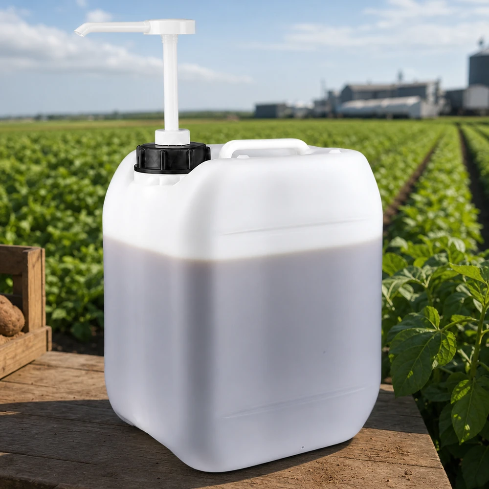 Jerrican de 5 litres avec pompe doseuse Bidon de 5 litres muni d'une pompe doseuse, devant un champ de pommes de terre verdoyant et une exploitation agricole