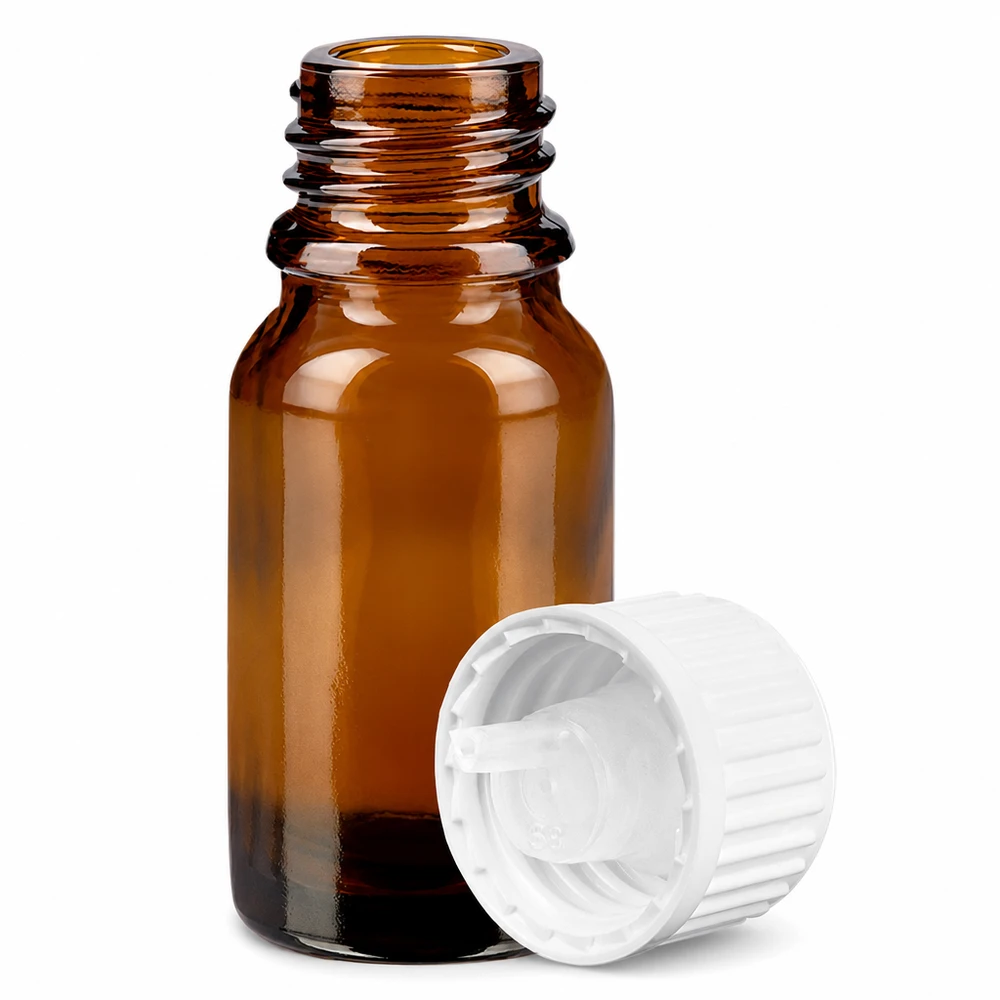 Pratico flacone in vetro ambrato da 10 ml con tappo a vite bianco, per un dosaggio preciso del liquido.
