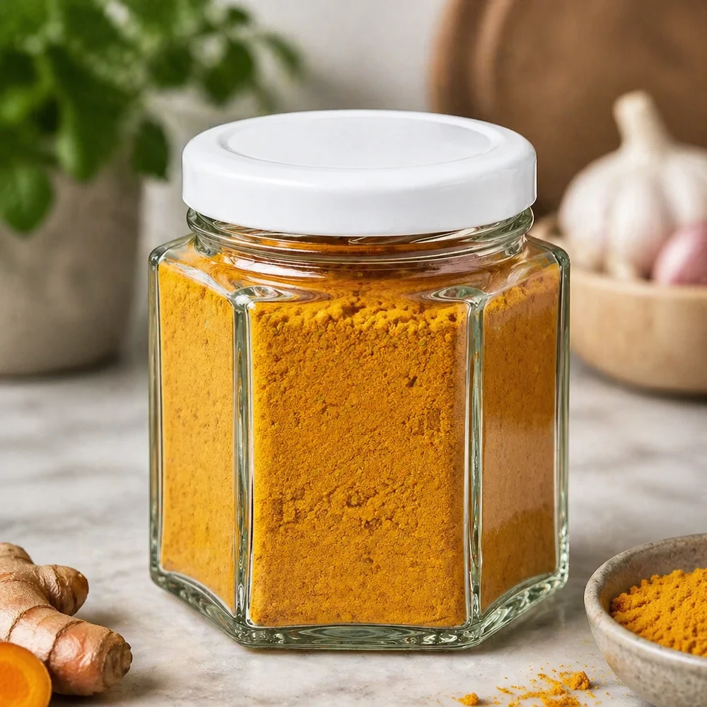 47ml Hexaglas mit BasicSeal Deckel weiß UNiTWIST 47ml Hexagon Glasgefäß mit weißem Deckel gefüllt mit Kurkuma Pulver in natürlicher Küchenumgebung mit Ingwer