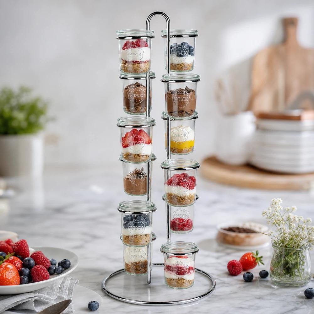 Portabottiglie Vertico12 per 12 tumbler WECK La presentazione dei dessert con il portavivande Vertico12 di WECK mostra 12 vasetti di yogurt, frutti di bosco e granola sul bancone della cucina
