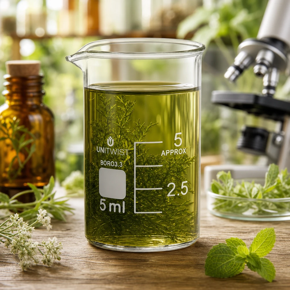 Bicchiere 5ml in borosilicato, forma bassa UNiTWIST Bicchiere da laboratorio UNiTWIST da 5 ml in borosilicato, di forma bassa, con estratto di erbe e un microscopio sullo sfondo