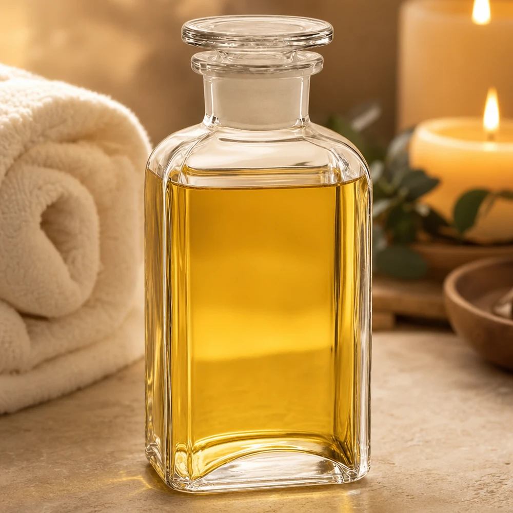 Bottiglia quadrata da 250 ml con collo largo e tappo in vetro Flacone da farmacia da 250 ml, in vetro trasparente a sezione quadrata, con collo largo e tappo in vetro, riempito con olio giallo