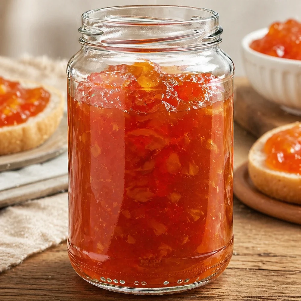 UNiTWIST Runda375 Rundglas 375ml gefüllt mit hausgemachter Orangenmarmelade auf Holztisch neben Marmeladenbrot