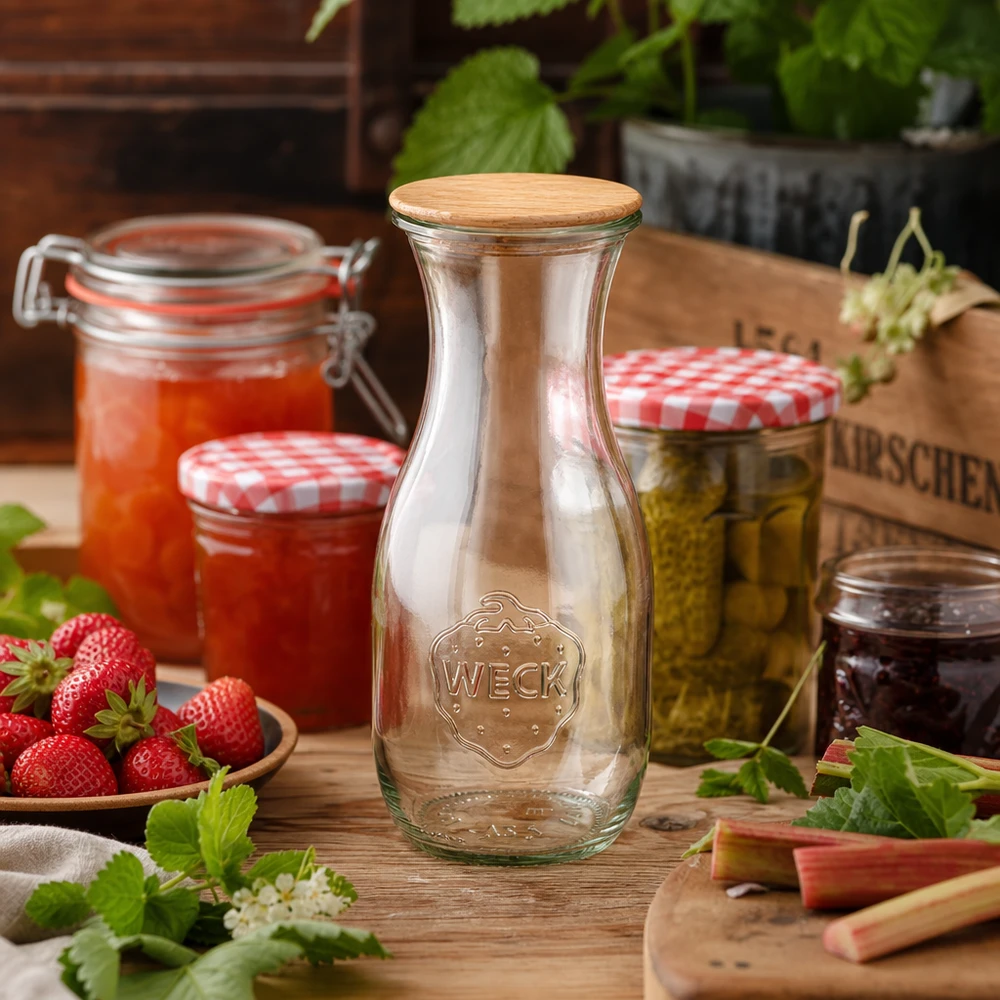 530ml Saftflasche WECK RR60 mit Holzdeckel WECK Glasflasche 530ml RR60 mit Holzdeckel in rustikaler Küche neben Marmelade Erdbeeren und Einmachgläsern