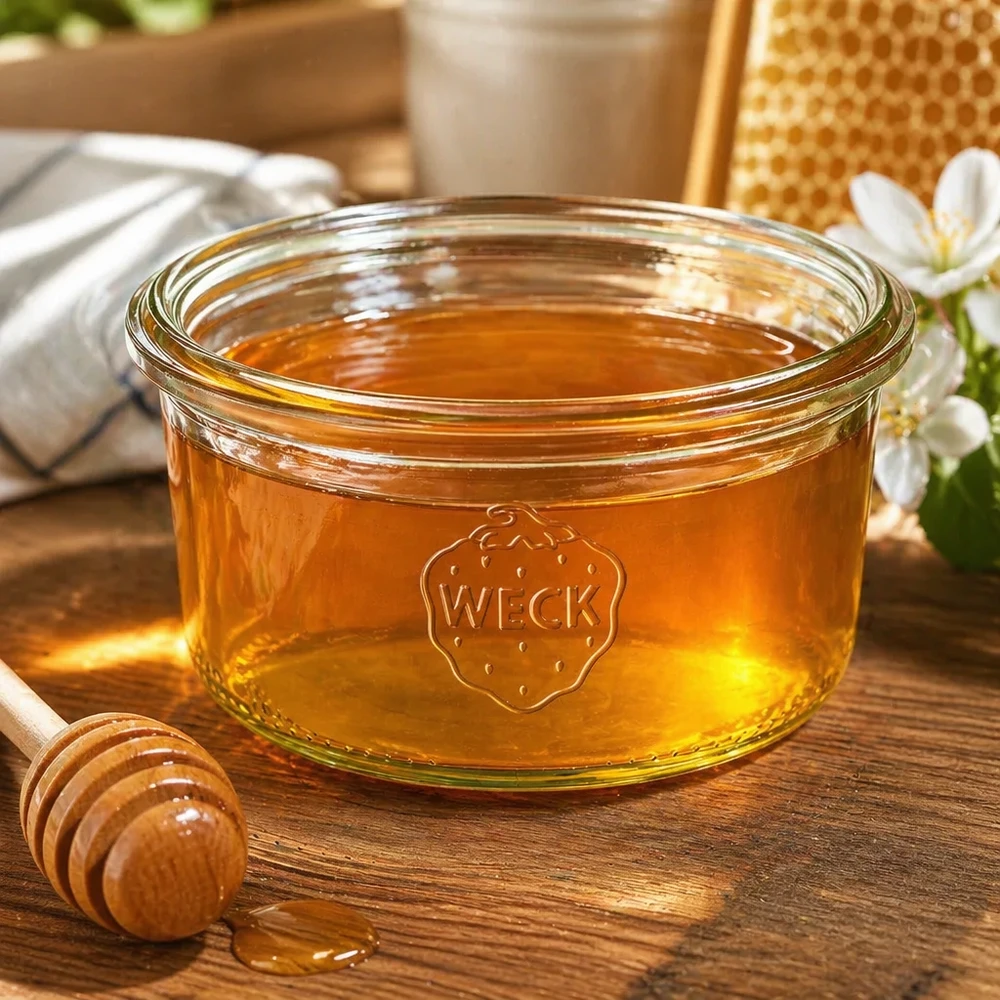 Barattolo con collo inclinato WECK RR80 da 165 ml Bicchieri WECK RR80 da 165 ml riempiti di miele su un tavolo di legno con cucchiaio e nido d'ape sullo sfondo