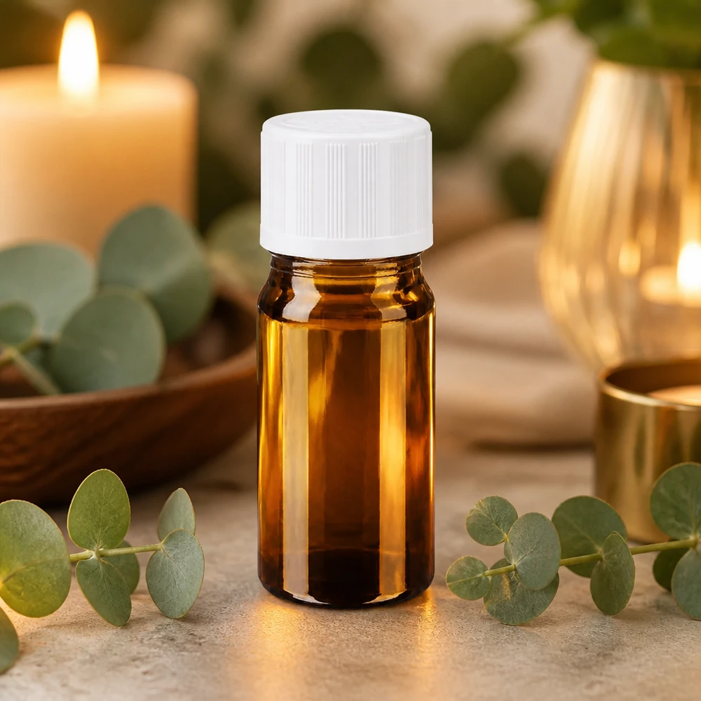 Petite bouteille en verre marron de 5 ml avec un bouchon compte-gouttes blanc, entourée de branches d'eucalyptus et de bougies