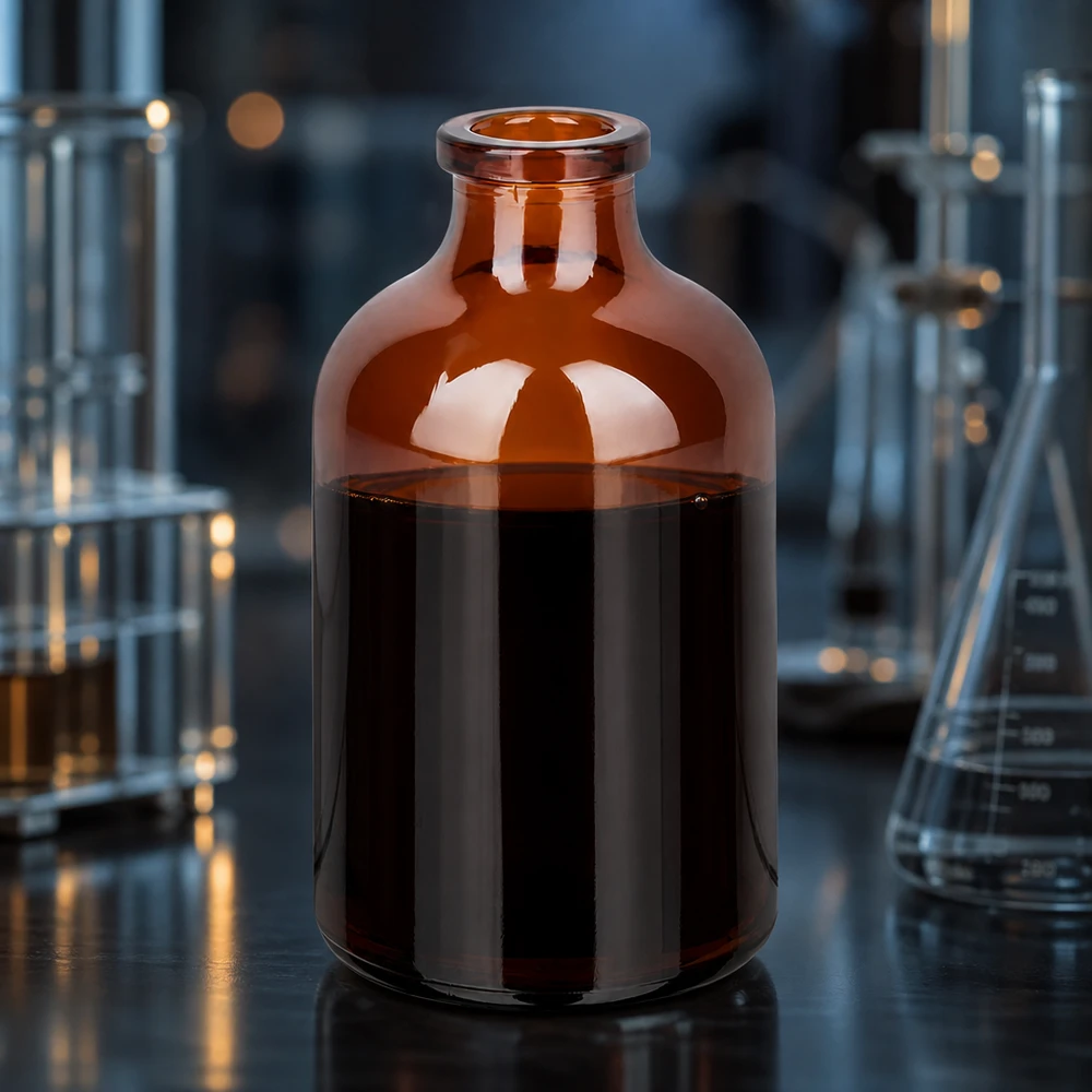 Injektionsflasche Braunglas 50ml Braunglas Vial 50ml mit tiefbraunem flüssigem Inhalt und Erlenmeyerkolben im Hintergrund
